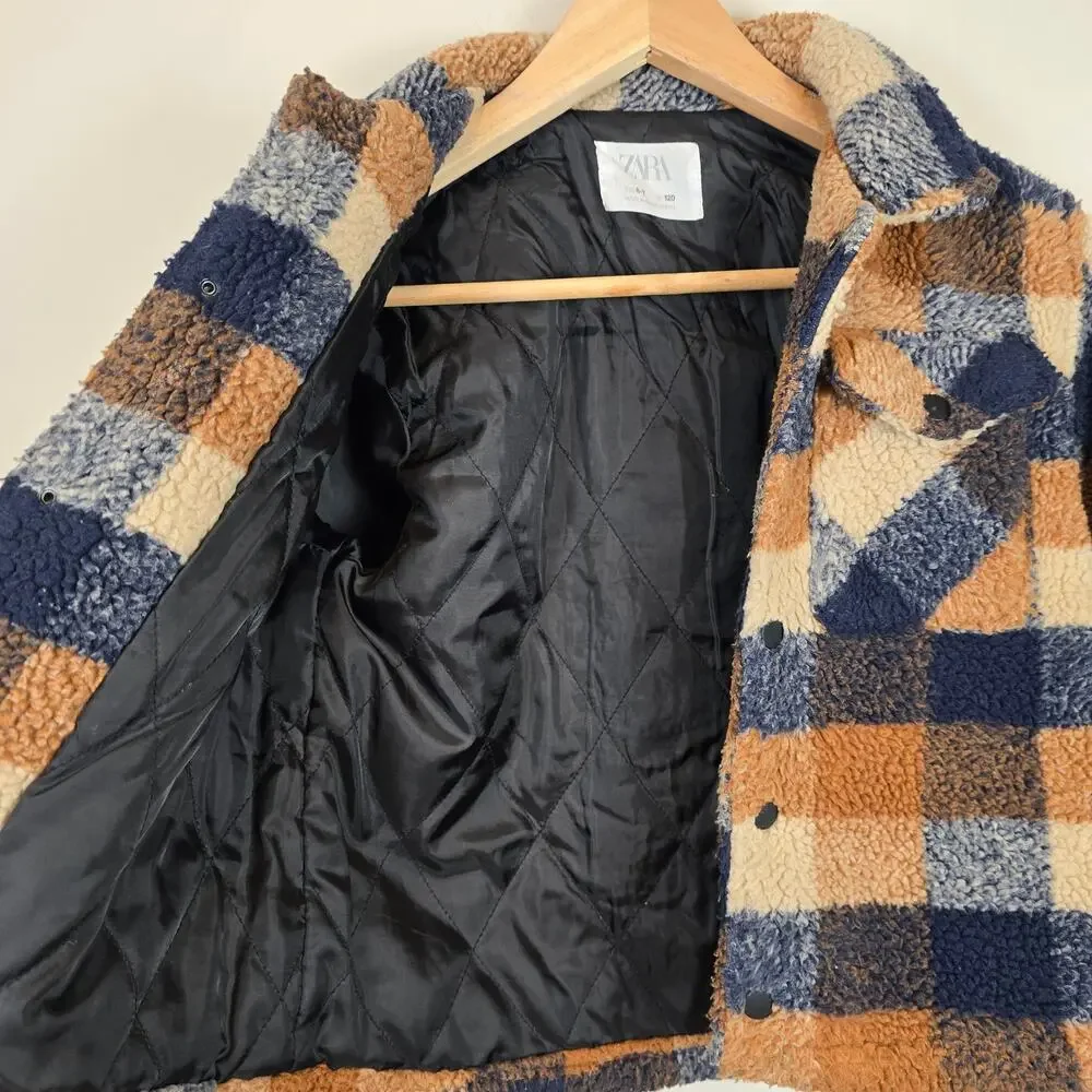 Zara Fleece Overshirt Size 6/7 Brown Navy Sherpa Snap Pockets Lined
